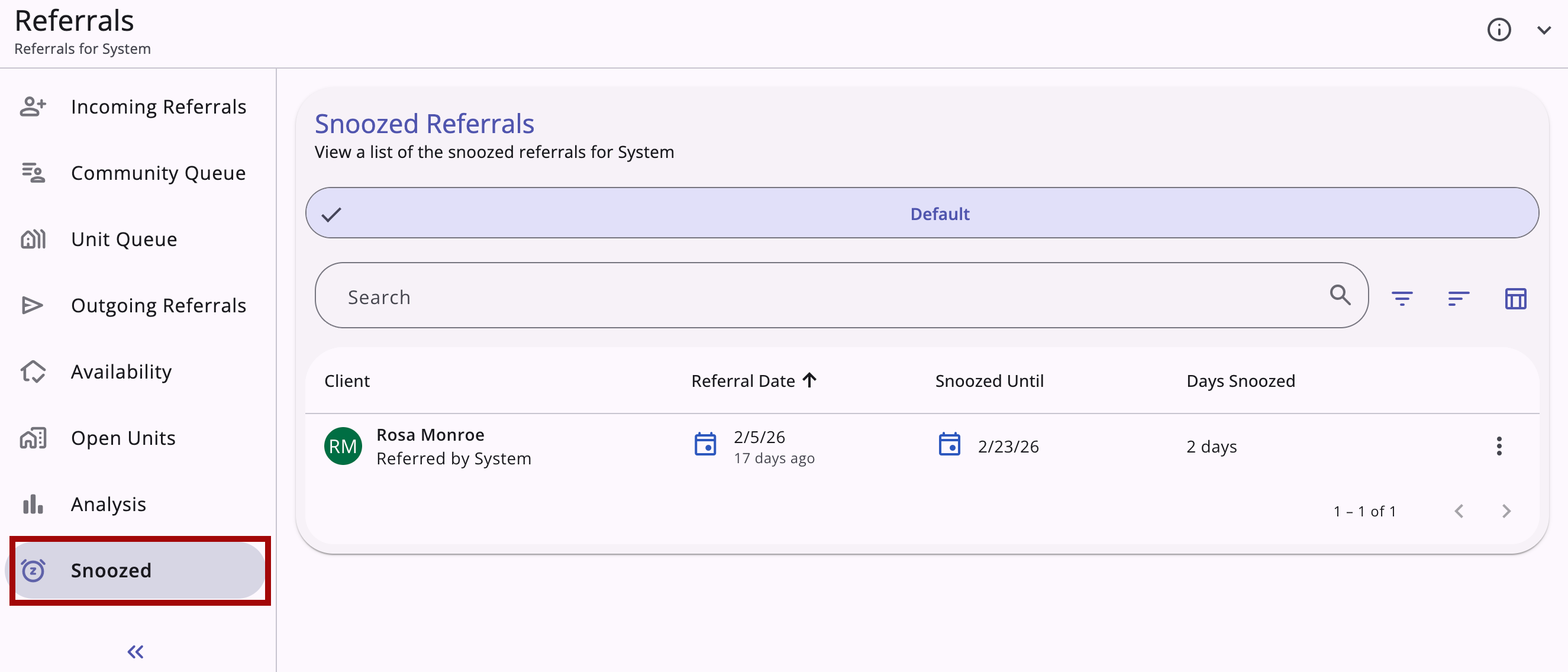 Global Referrals Tab: Snoozed Referrals (New Clarity Interface)