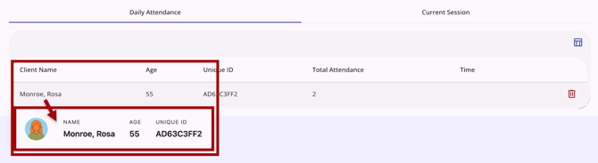 The Daily Attendance tab showing the client card available upon hover action