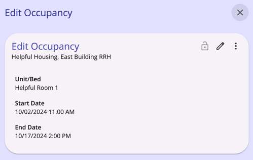 The Edit Occupancy modal showing after clicking on a record in the Units Beds tab