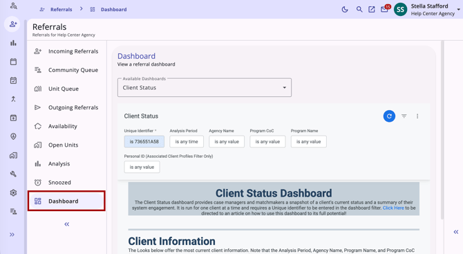 The Referrals Dashboard tab showing the default dashboard report