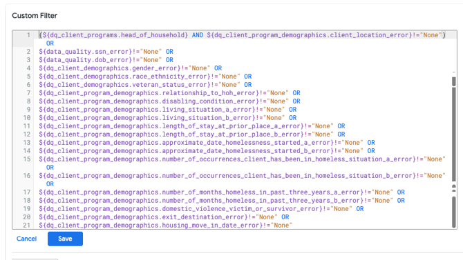 The custom filter logic pasted into the Custom Filter area