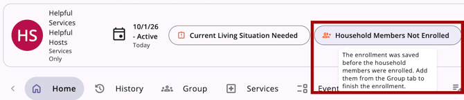 The information bar of a program enrollment with the Household Members Not Enrolled prompt