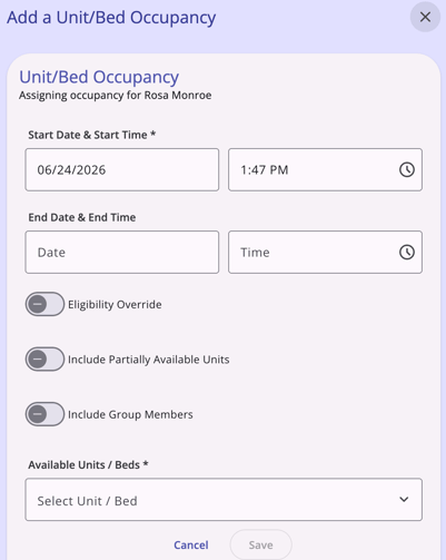 Unit Bed Occupancy Modal example