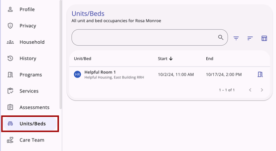 Units Beds tab Displayed in the Clients profile