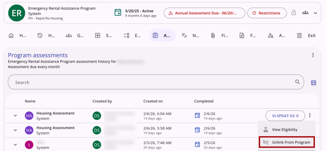 Unlink Assessment from Program