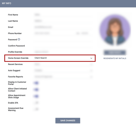 User Account Settings_Home Screen Override Field