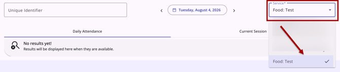 Using the Service dropdown to select a service in the Daily Attendance Tab