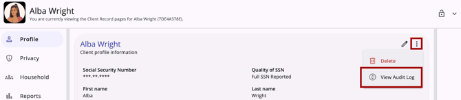 Action Menu icon (three vertical dots) with the option list showing the View Audit Log option