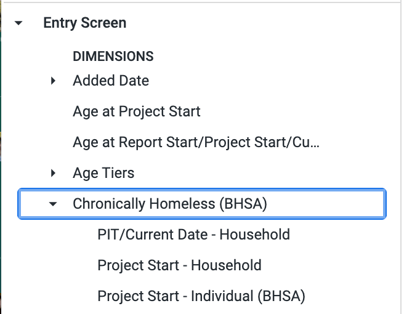 A portion of a Dimension list on a Look showing the Chronically Homeless BHSA fields