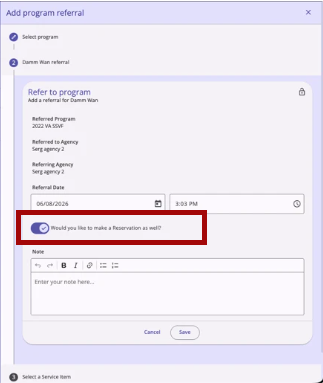 Add a Program Referral Would you like to make a Reservation toggle